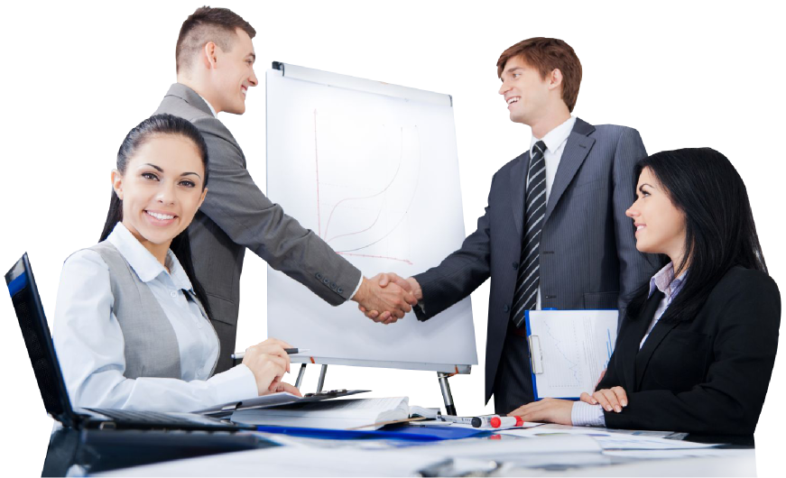 Men shake hands and women in business meeting
